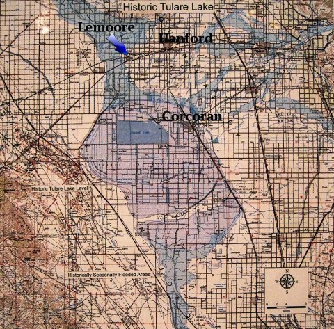 The BLM rendition of Tulare Lake shows the area to the north and east of Tulare Lake body as water entered the Lake (light blue area).